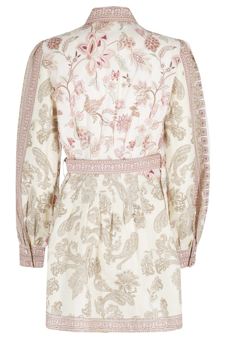 Hemant & Nandita Cream Dani Mini Belted Floral Linen-Blend Dress