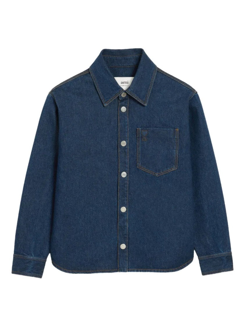 Ami Indigo Blue Cotton Jacket With Embroidered Logo And Topstitching Details