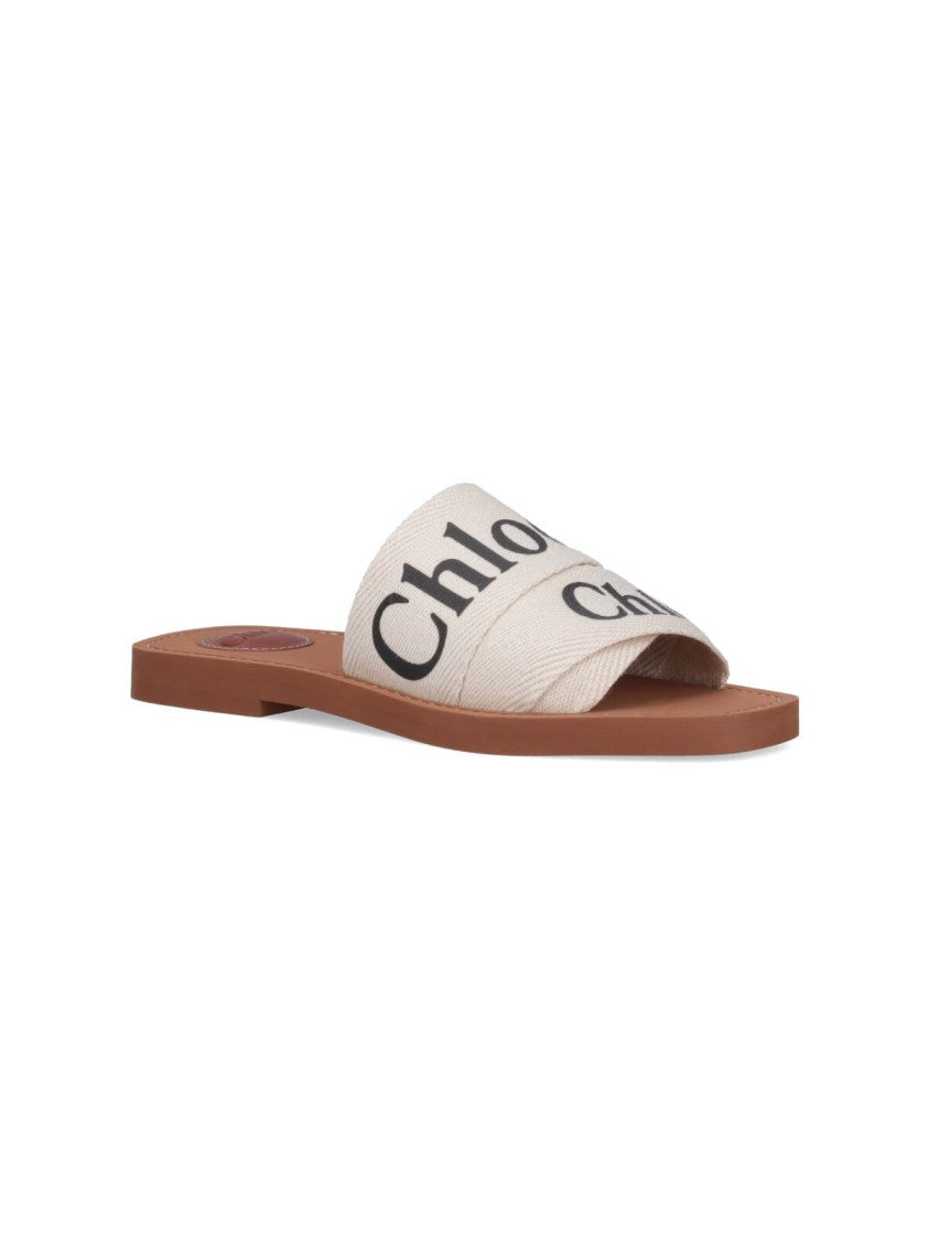 Chloé White Woody Embroidered Linen Sandal