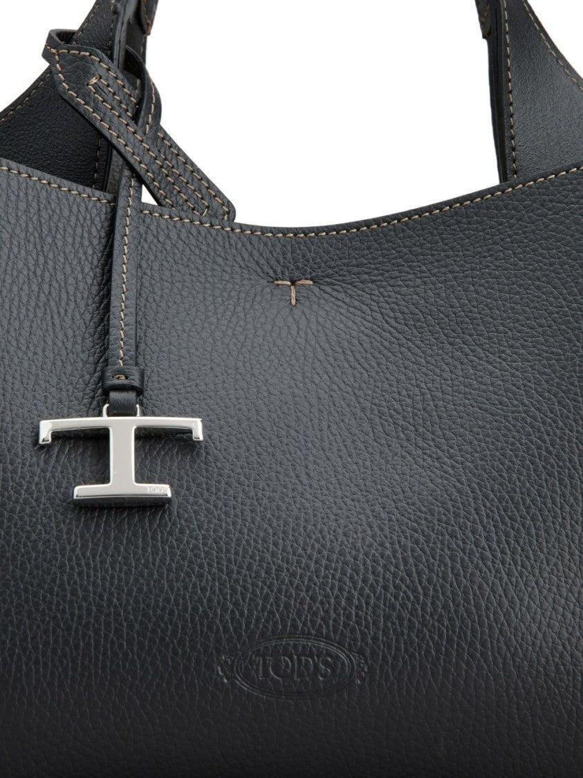 Tod's Black Grained Leather Debossed Logo Tote