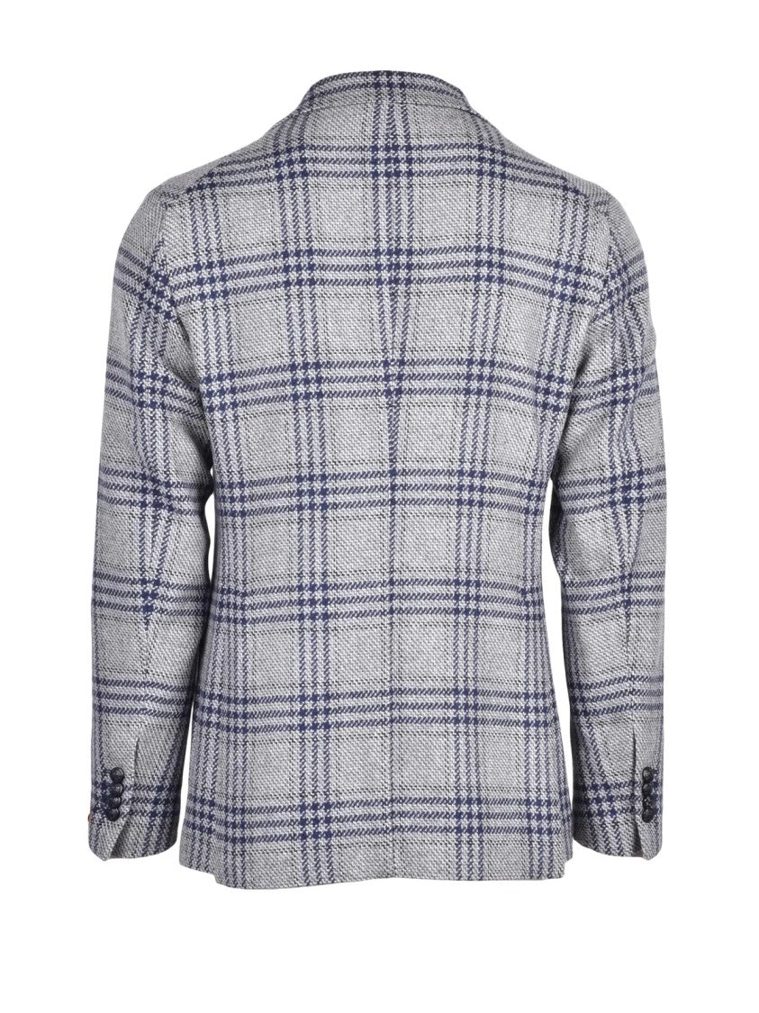 Tagliatore Rounded Blazer In Grey With Blue Checkered Pattern
