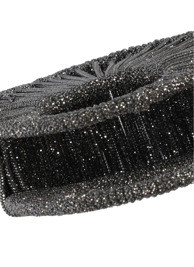 Hibourama Oval-Shaped Grey Hibourama Jewelry Bag With Woven Crystal Design