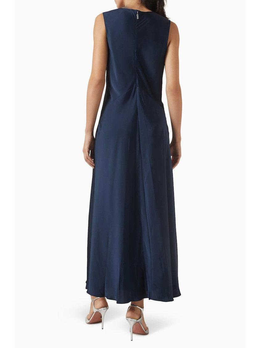 Michael Kors Blue Satin Finish V Neck Midi Dress