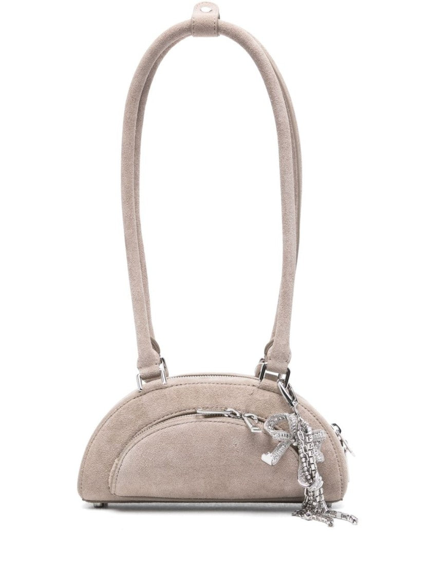 Self-Portrait Elongated Half-Moon Gray Suede Shoulder Bag