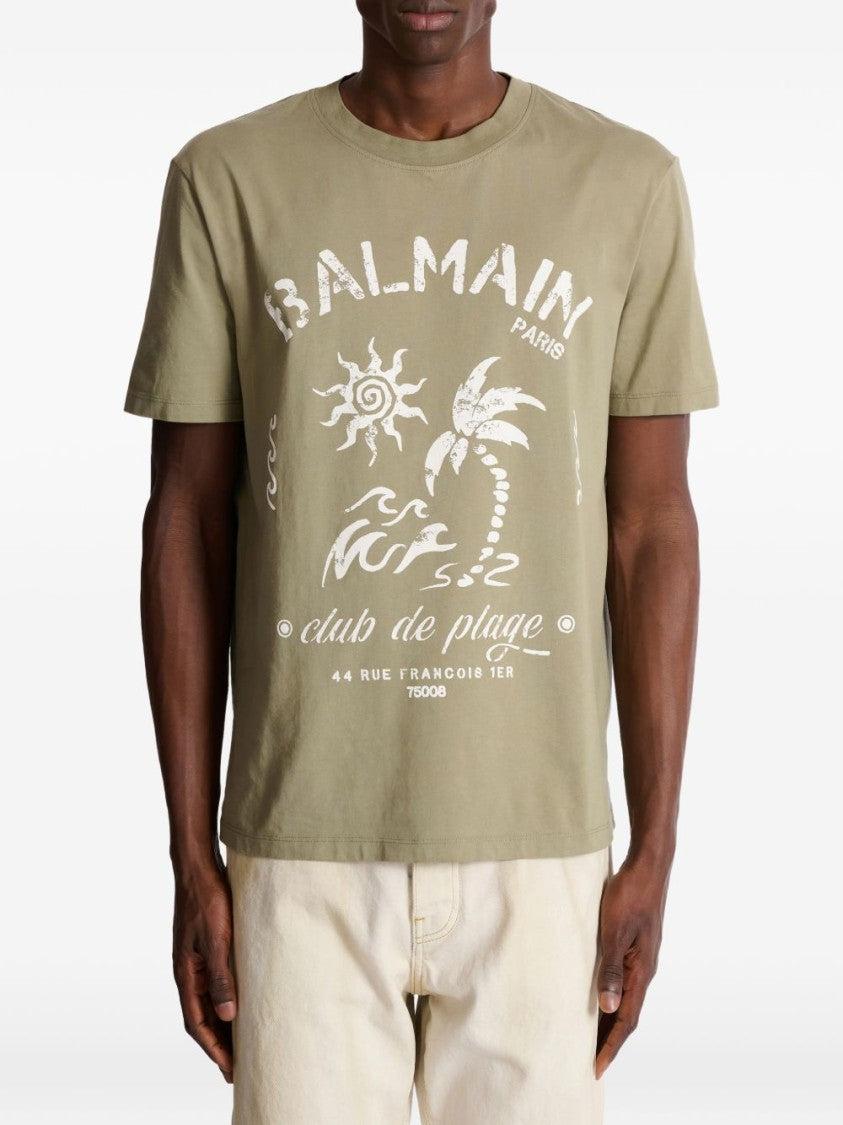 Balmain Muted Green Relaxed Tropical Print T-Shirt