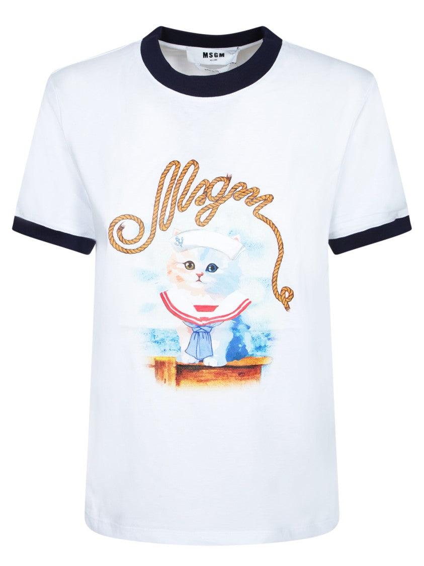 Msgm Cat Graphic Print White T-Shirt