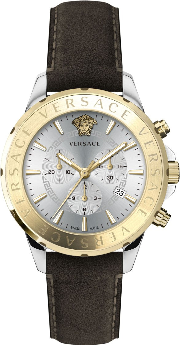 Versace Chrono Signature 44Mm Watch With Silver Dial And Gold Bezel