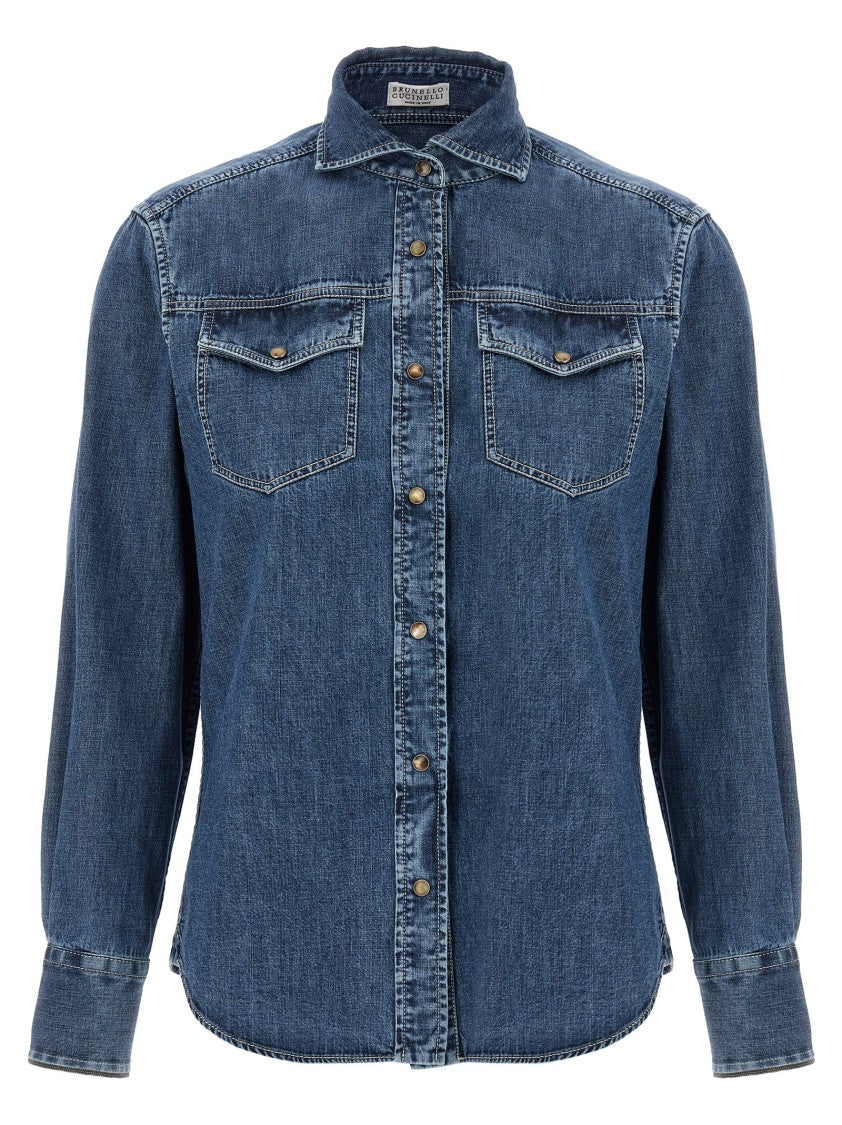 Brunello Cucinelli Cotton Denim Shirt With Structured Collar