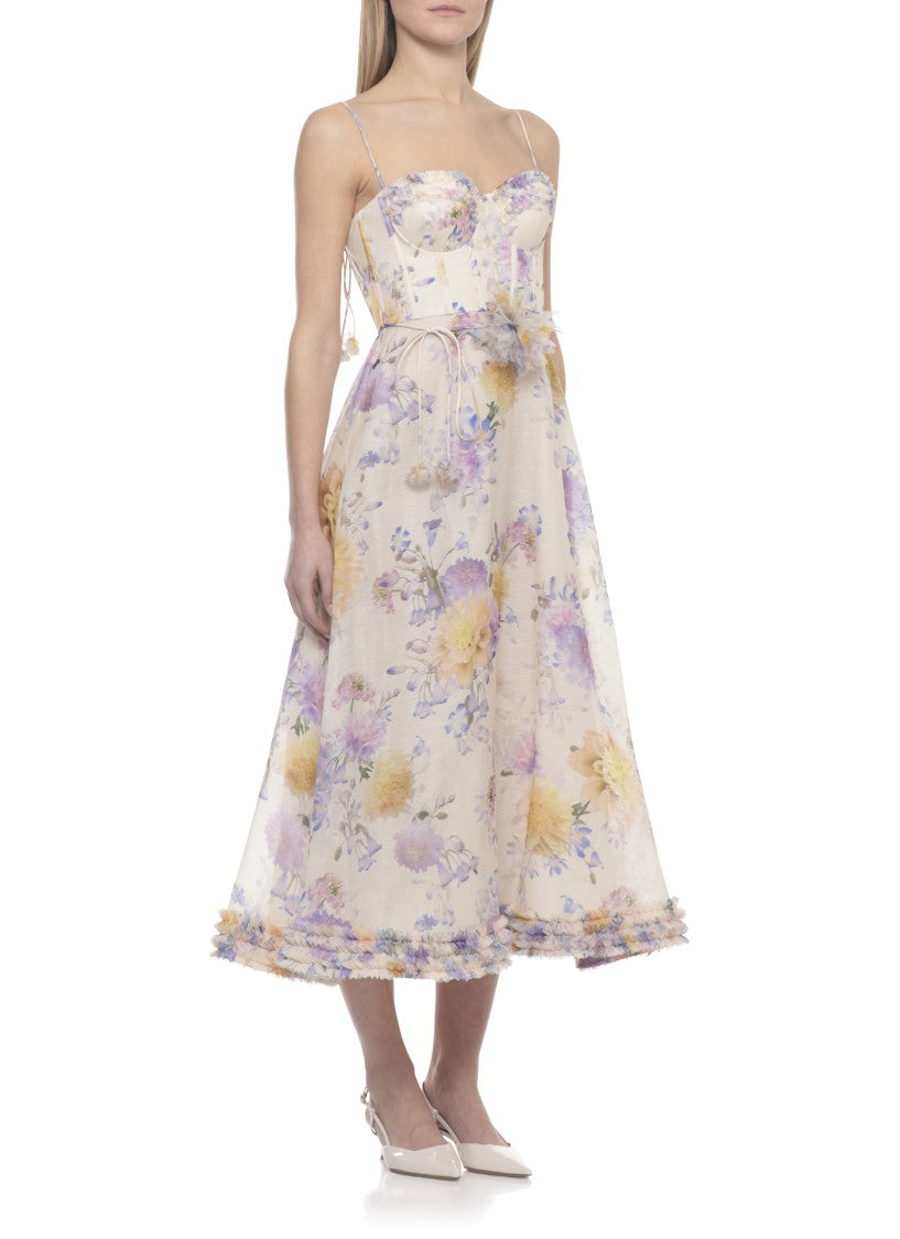 Zimmermann Heart-Neck Midi Dress With Volant Details And Floral Accents