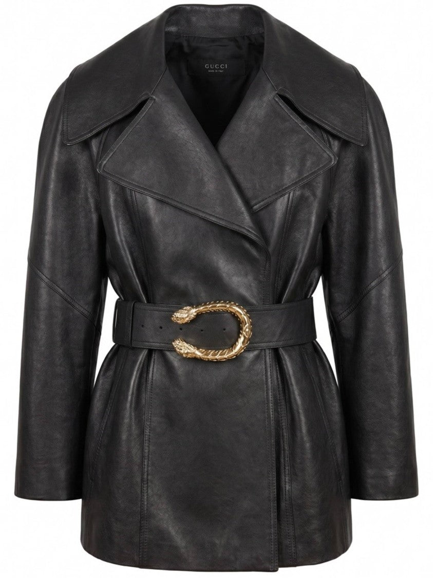 Gucci Cropped Black Leather Trench Coat