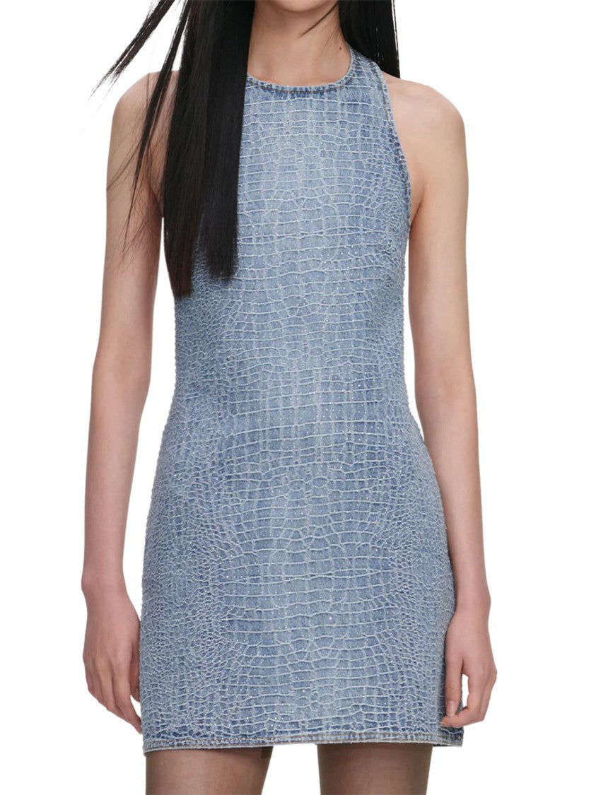 Self-Portrait Rhinestone-Embellished Croc-Effect Denim Mini Dress