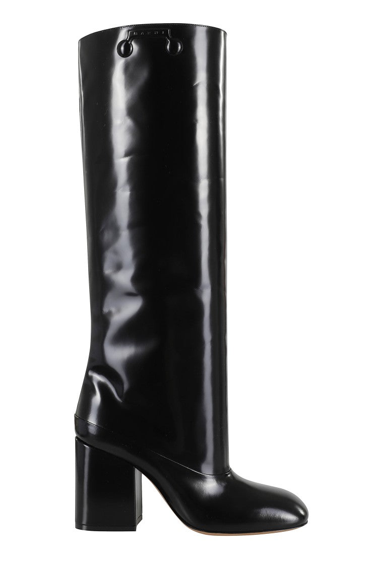 Marni Trunkaroo Black Shiny Leather Boots With Square Toe Design