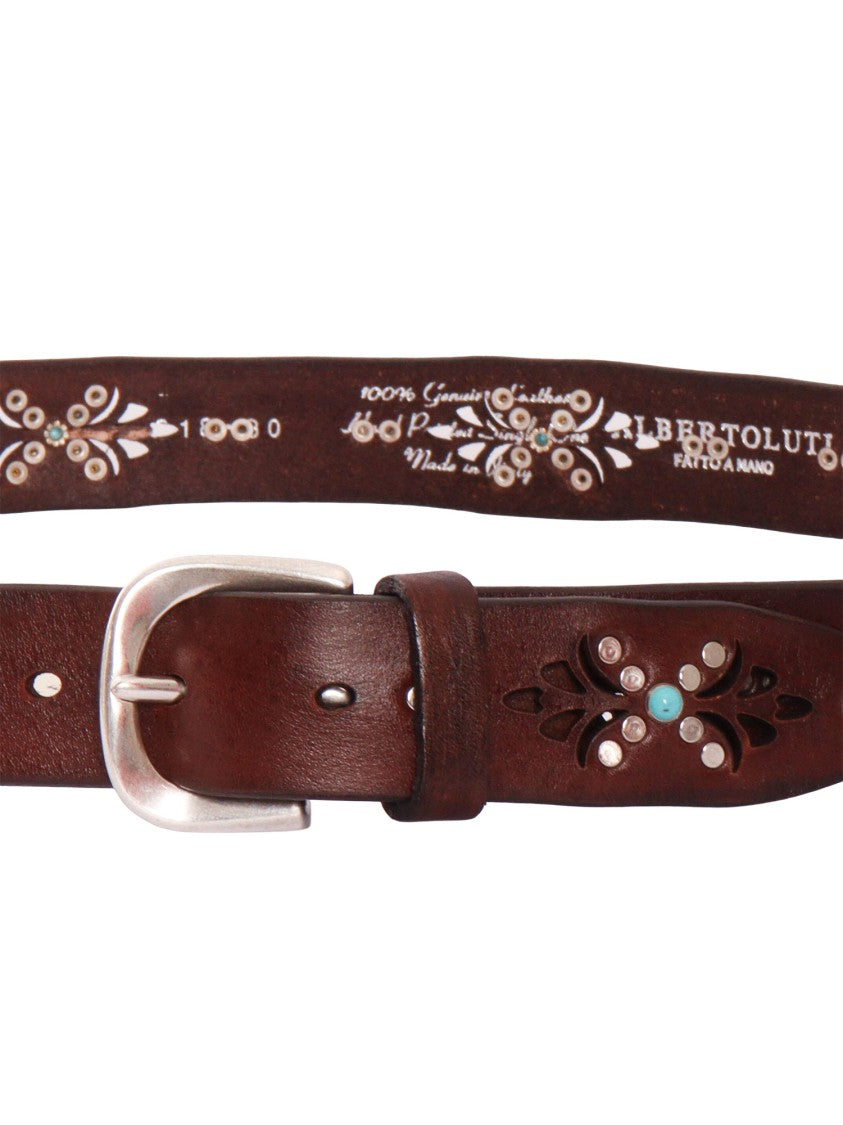 Alberto Luti Leather Belt With Laser-Cut Floral Patterns And Stud Embellishments