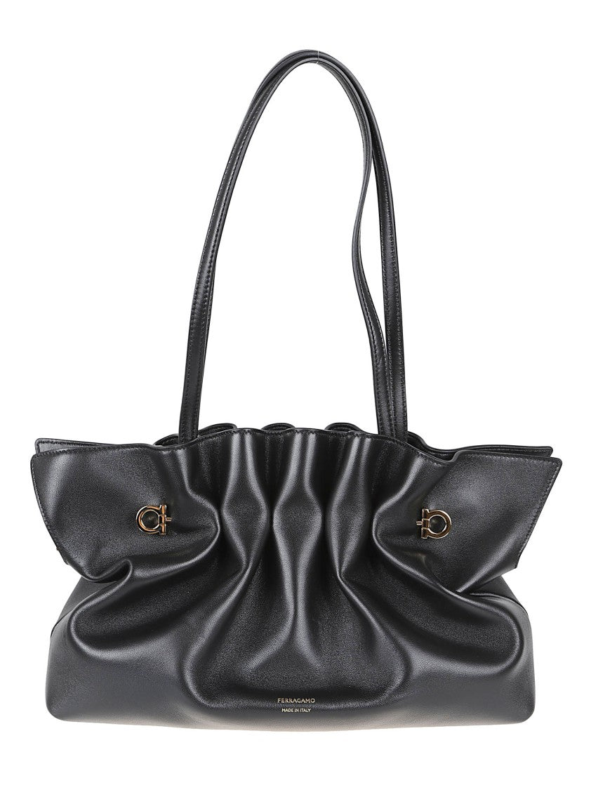 Ferragamo Ruched Black Handbag In Soft Lamb Leather