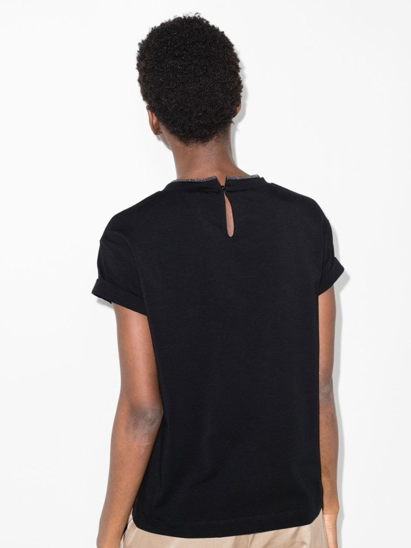 Brunello Cucinelli Black Cotton T-Shirt With Keyhole Detail