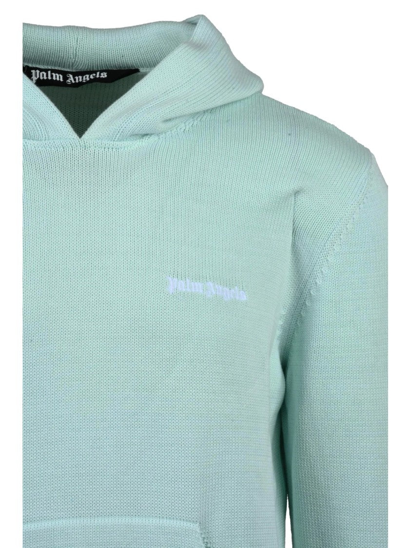 Palm Angels Aqua Green Knit Hoodie With Embroidered Detailing