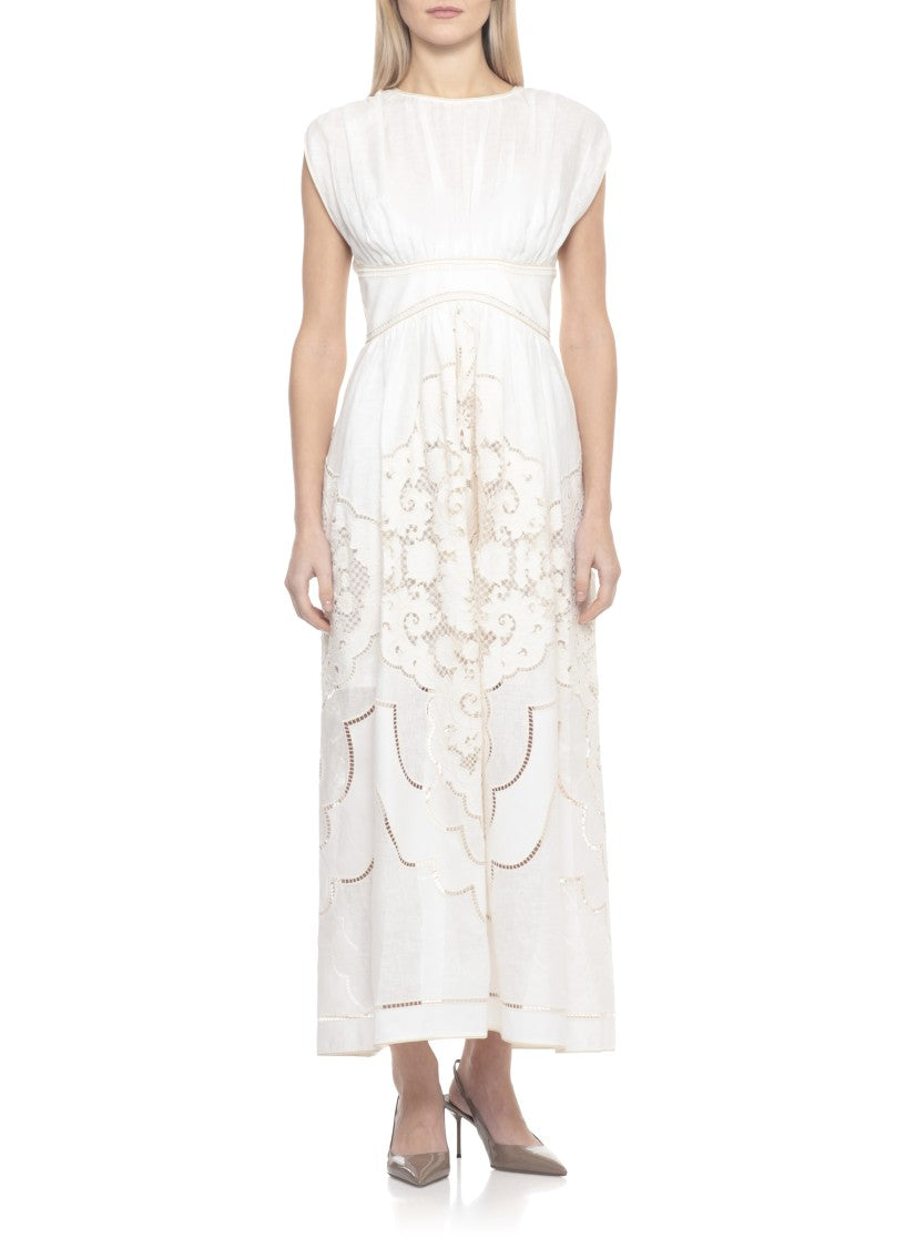 Zimmermann Ivory Linen Midi Dress With Lace Hem Details