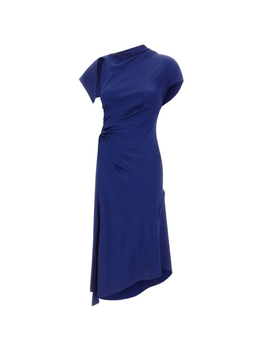 Victoria Beckham Blue Asymmetric Hem Midi Dress With Short Sleeves And Draped Details