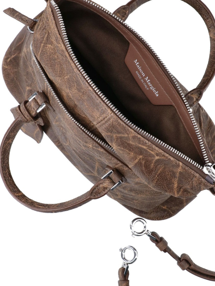 Maison Margiela Mini Tote Bag In Distressed Brown Leather