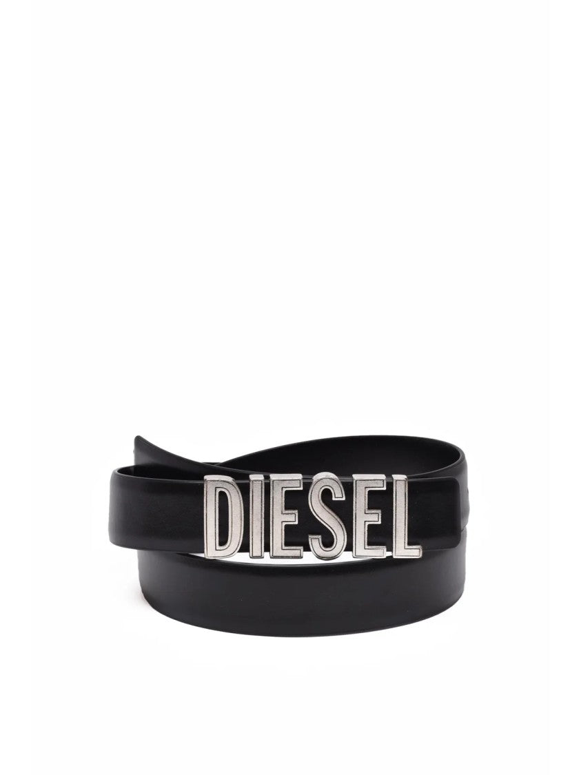 Diesel Bold Black Leather Belt With Striking Metallic Buckle