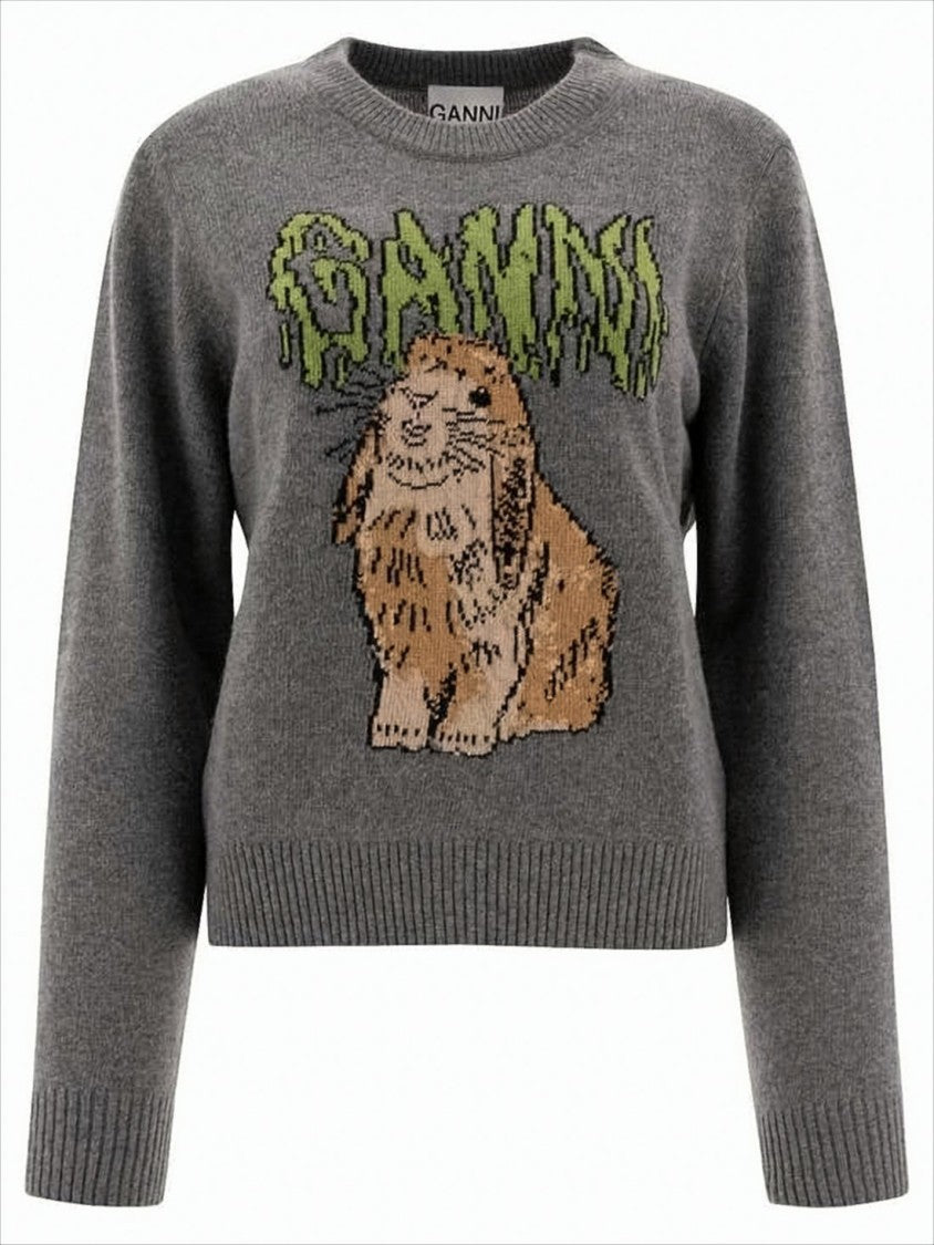 Ganni Medium-Grey Knit Sweater With Whimsical Bunny Graphic