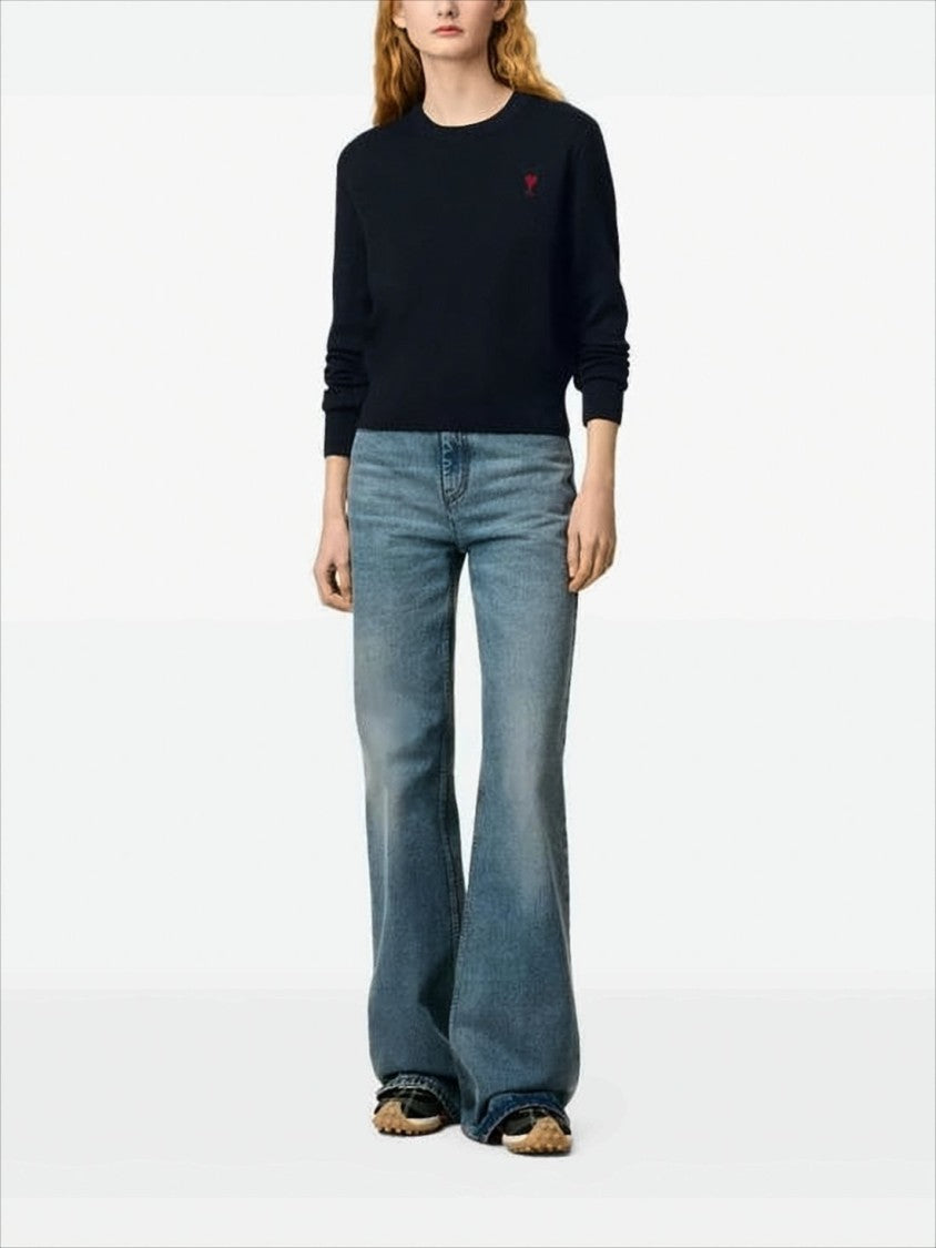 Ami Classic Crew Neck Sweater With Embroidered Heart Detail