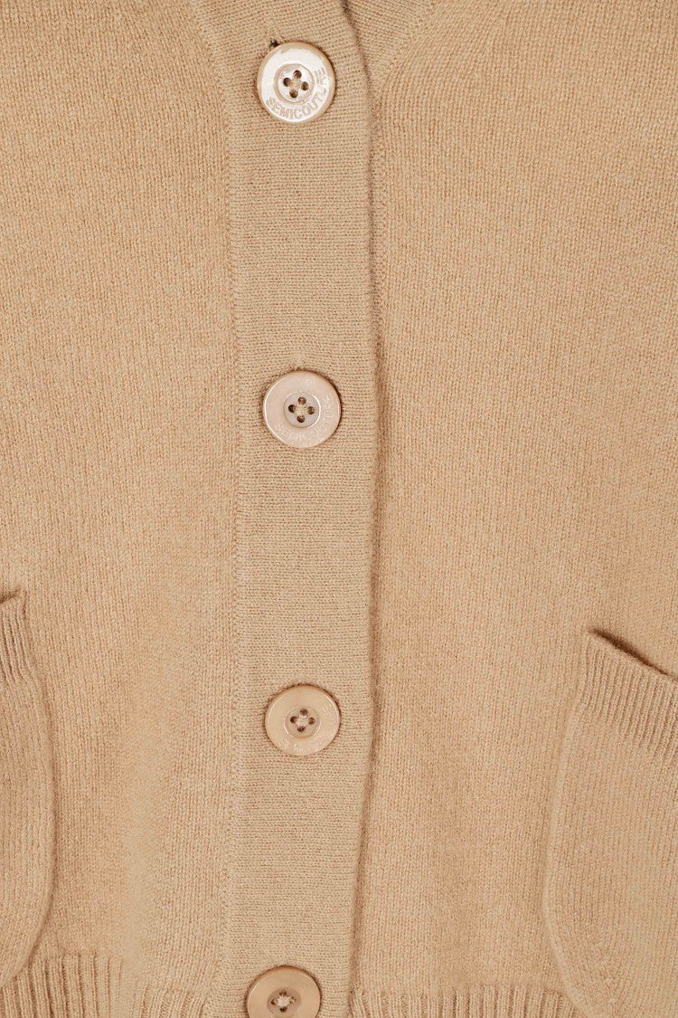Semi Couture Camel Esther Crew Neck Ribbed Trim Wool Cardigan