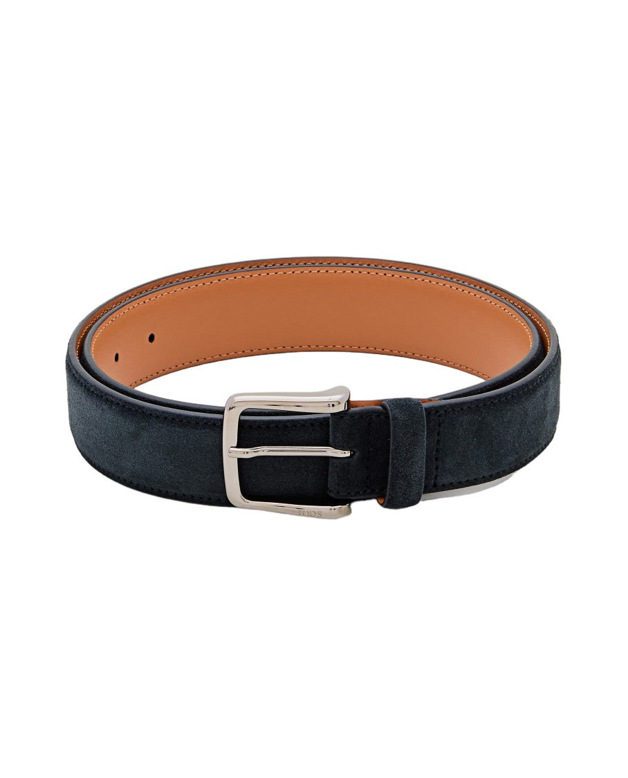 Tod's Classic Blue Suede Belt With Nickel-Plated Buckle