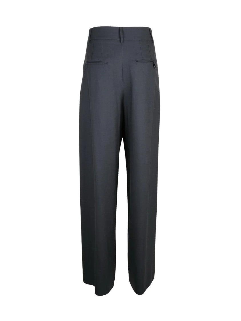 Marella Monochrome Palazzo Leg Grey Wool Trousers With High Waist And Pleats