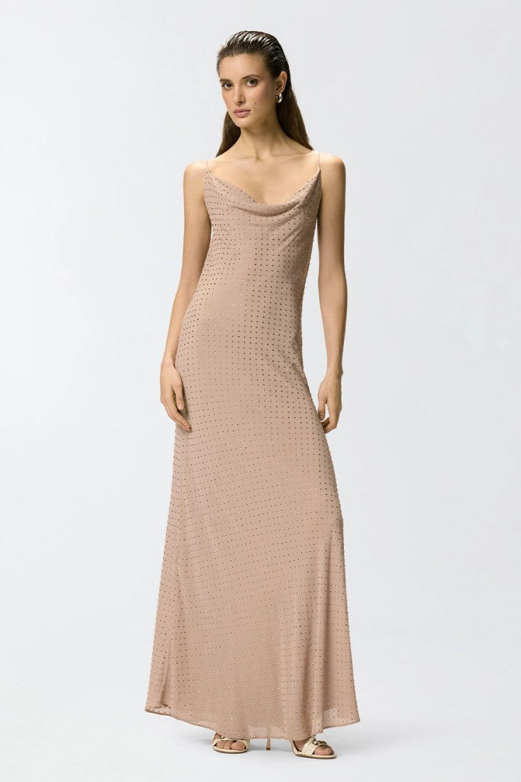 Pinko Beige Perforated Dot Cowl Neck Polyester Maxi Dress
