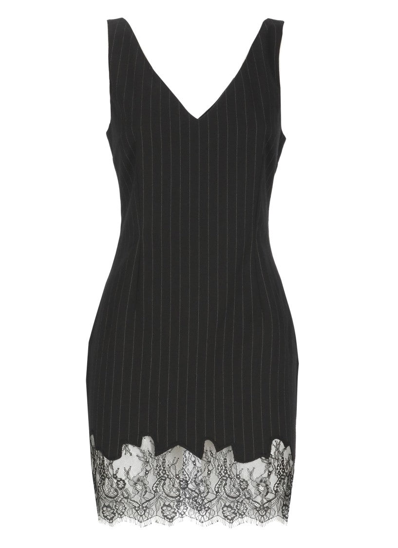 The Andamane Black Pinstriped Lace-Trim V-Neck Mini Dress