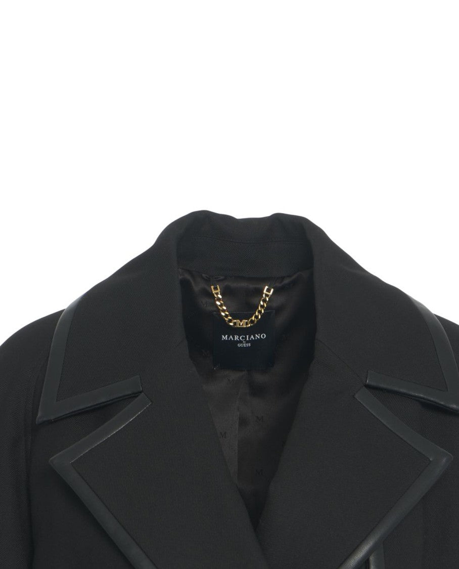 Guess By Marciano Long Black Coat With Leather Detailing And Gold Buckle Closure