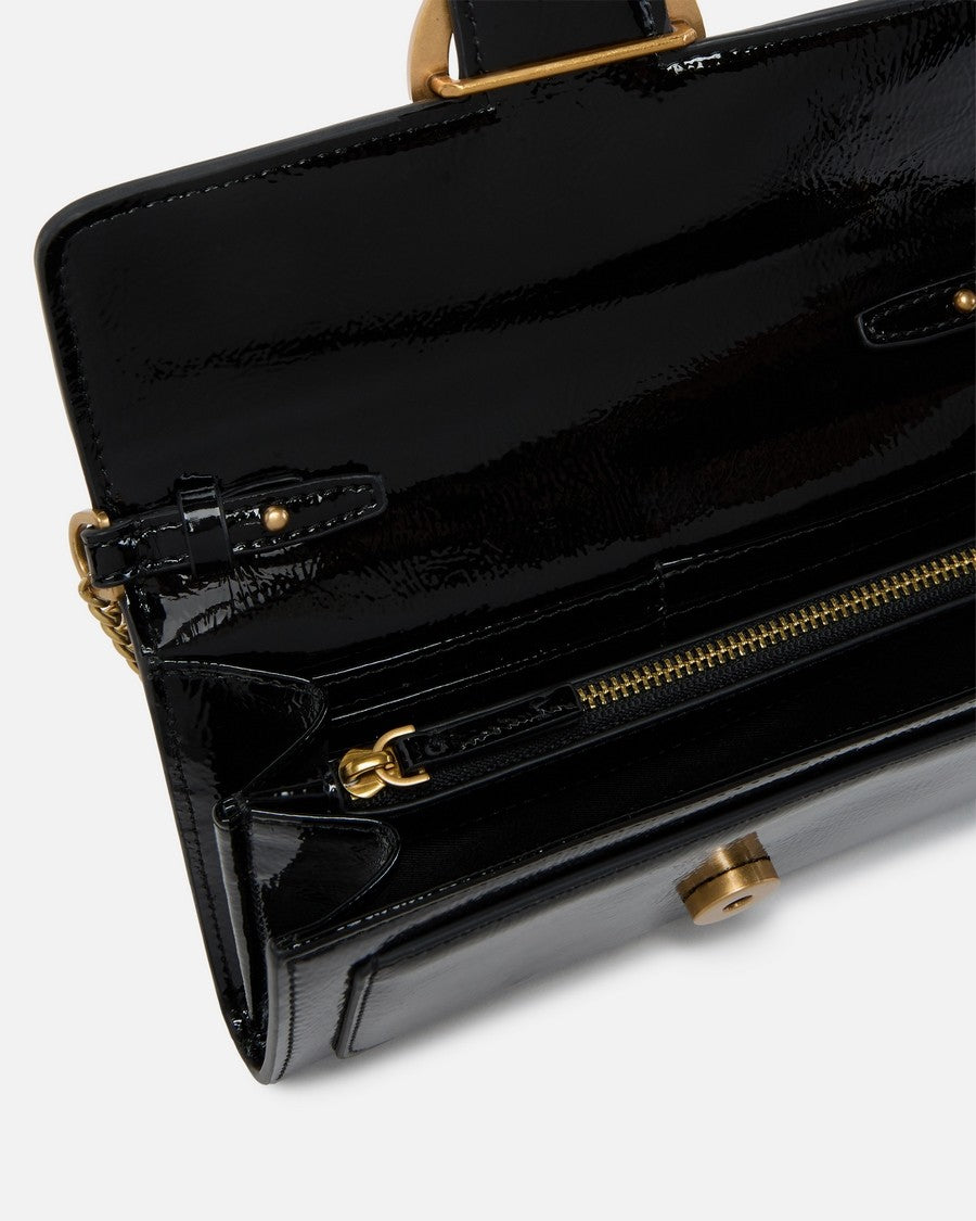 Pinko Glossy Black Shoulder Bag With Gold Emblem