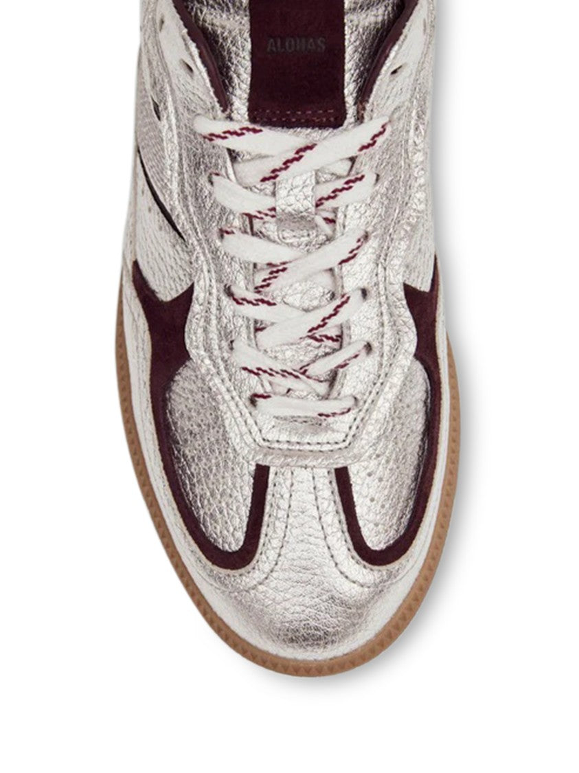 Alohas Metallic Silver Leather Sneakers With Burgundy Accents