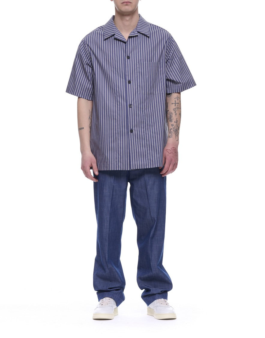 Hevo Blue Navy Novoli Striped Cotton Overshirt