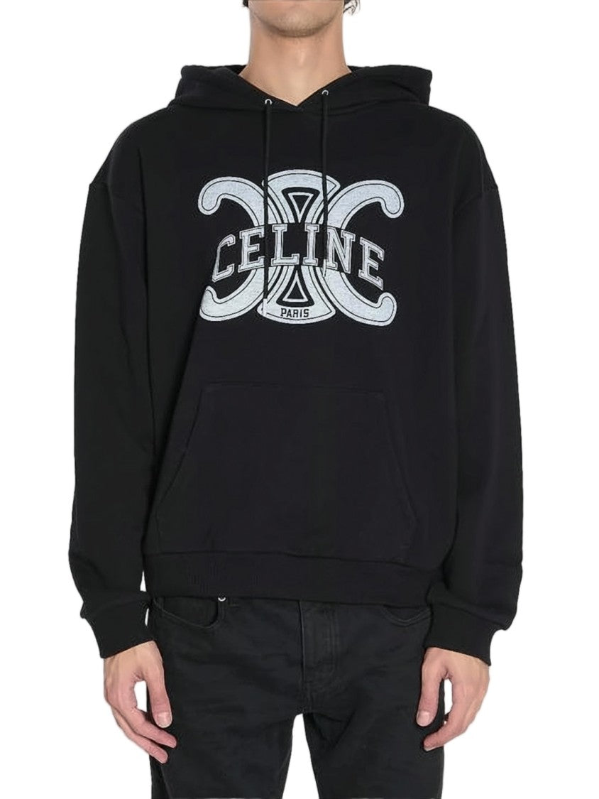 Celine Relaxed Fit Black Hoodie With Bold Logo Graphic