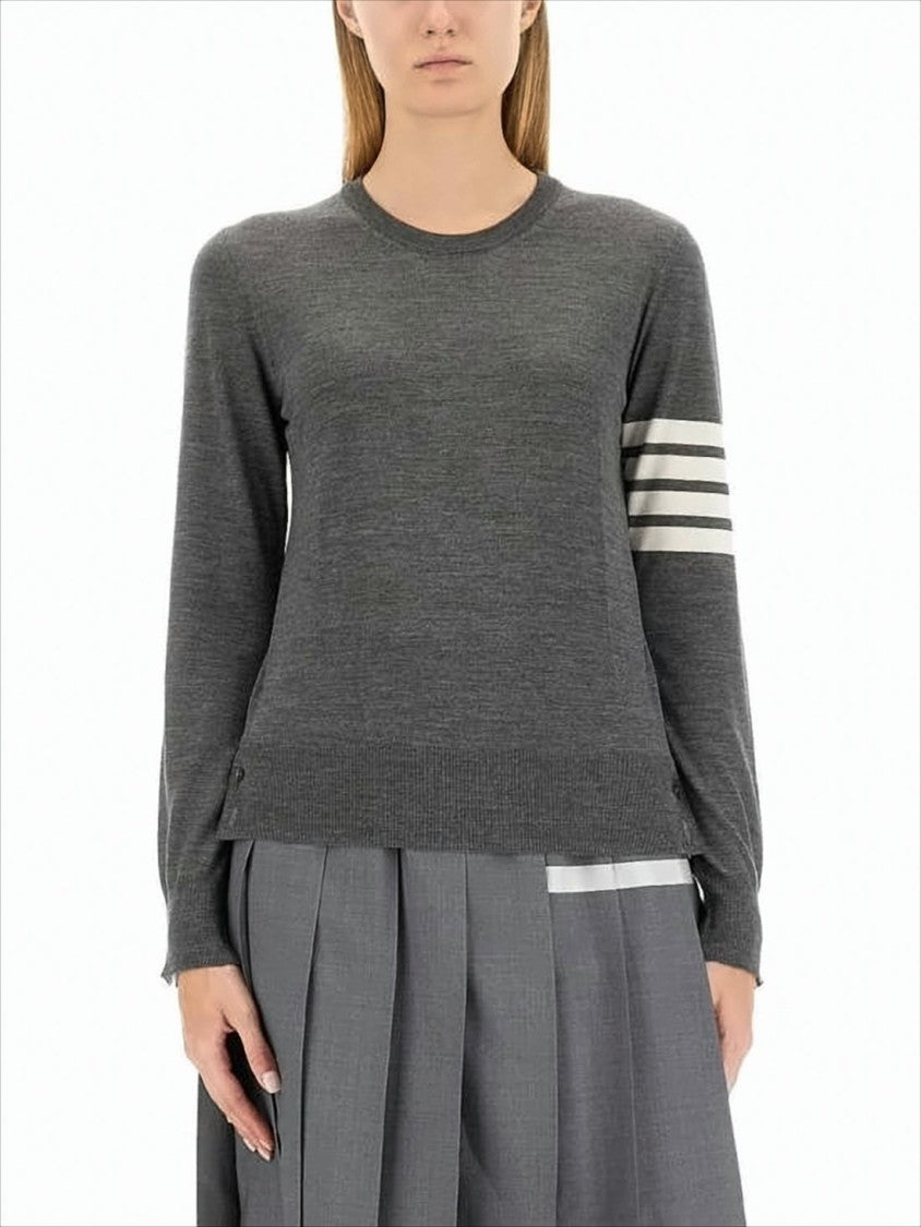 Thom Browne Grey Wool Sweater With Iconic Stripe Detail