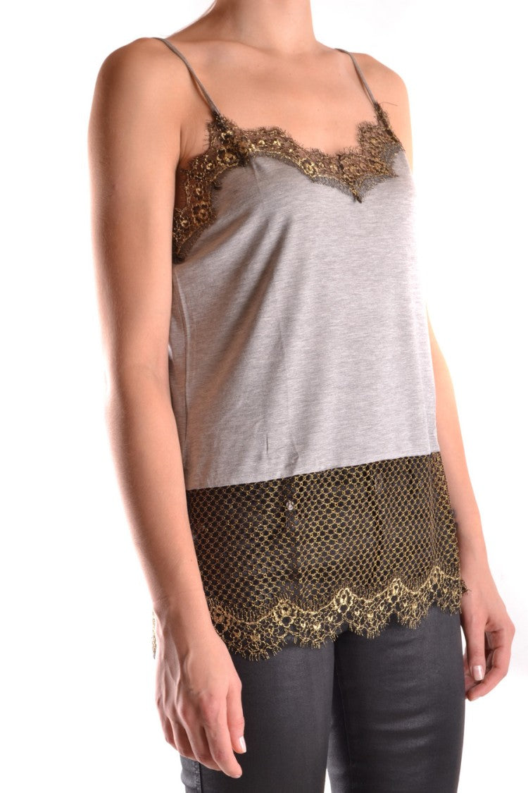Pinko Sleeveless Grey Top Gold Lace Trim