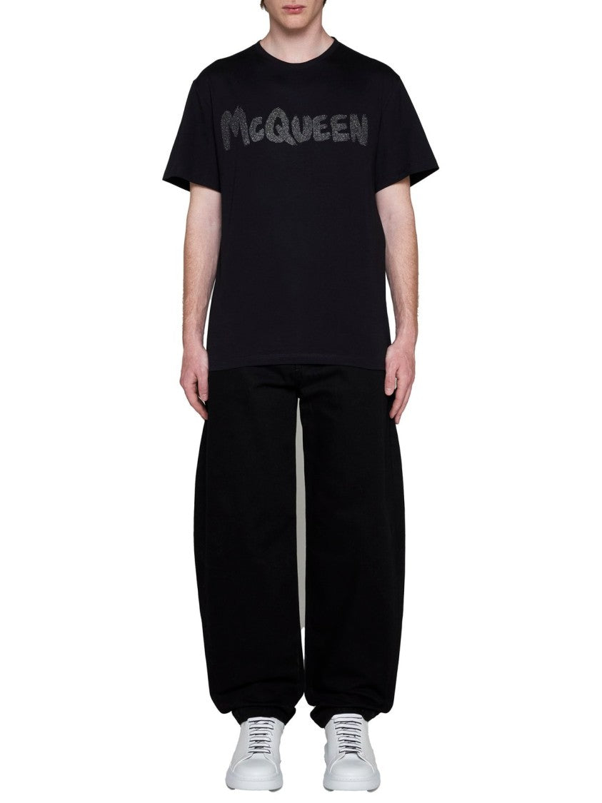 Alexander Mcqueen Distressed Graphic Black T-Shirt With Classic Crew Neckline