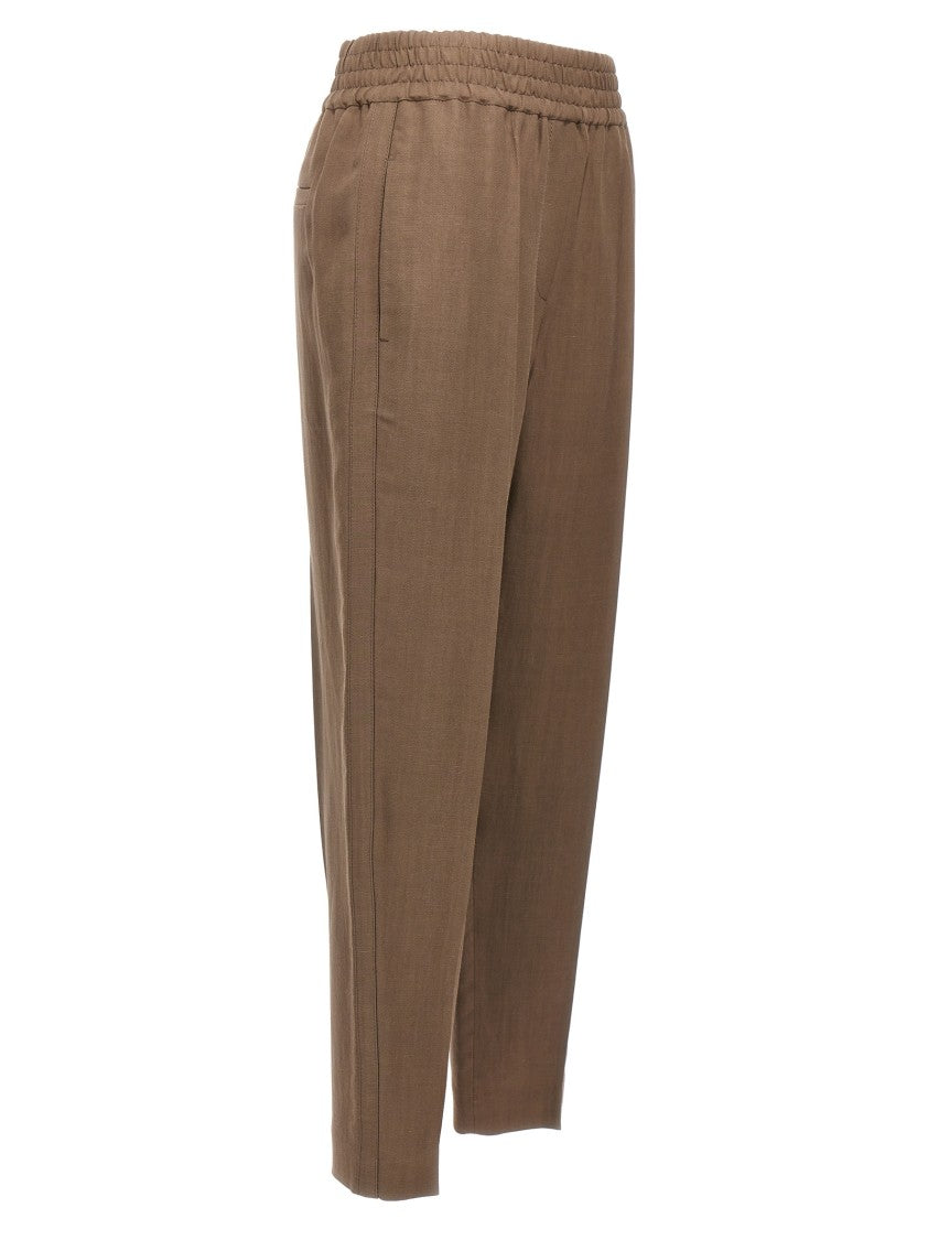 Brunello Cucinelli Brown Linen Blend Trousers With Elastic Waistband
