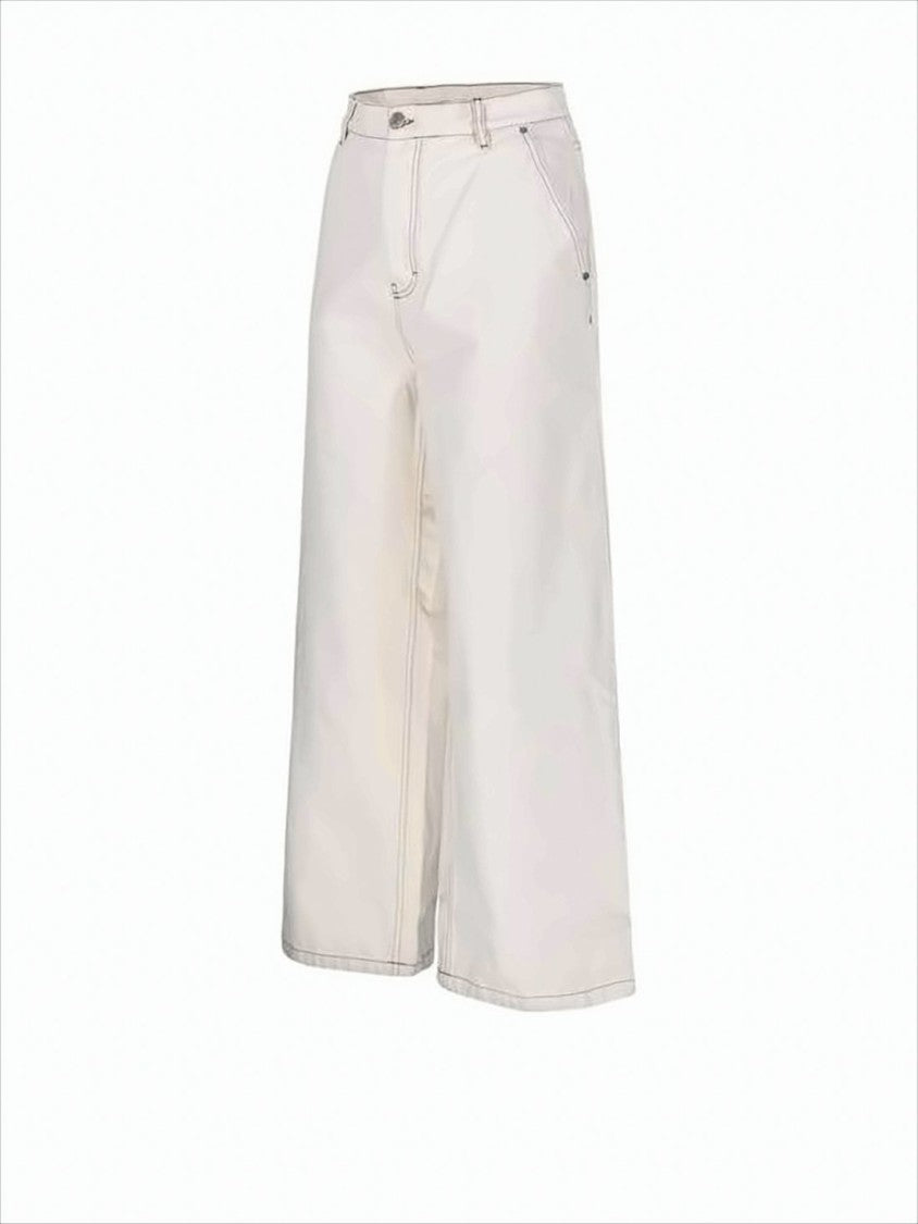 Ami Light Cream Wide-Leg Denim Pants With Contrasting Stitching