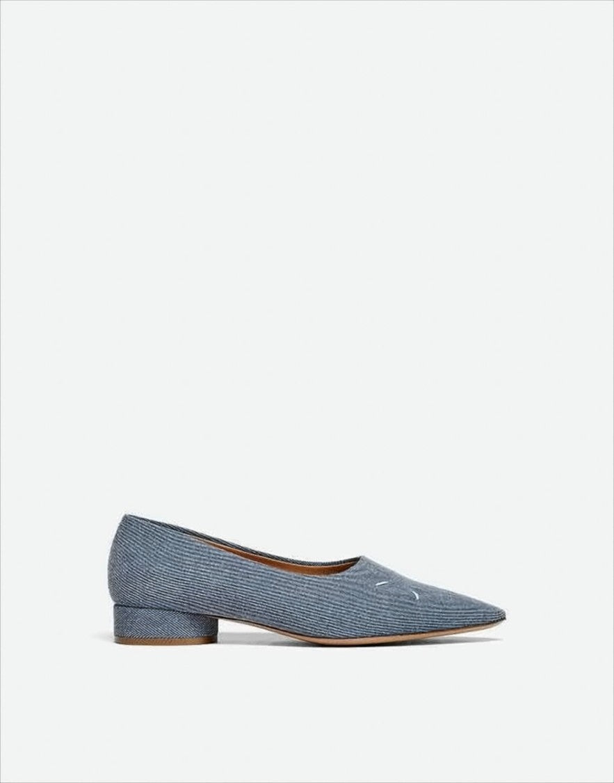 Maison Margiela Textured Denim Pointed-Toe Pumps With Low Block Heel