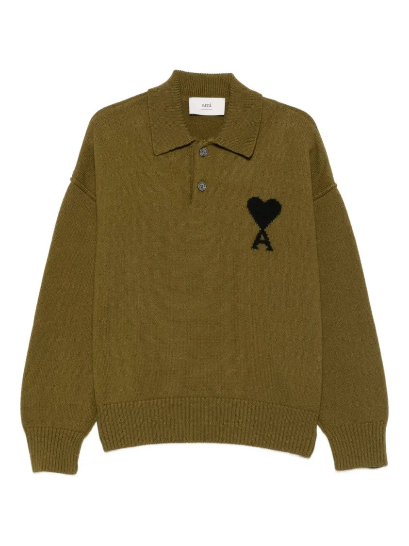 Ami Polo Neck Knit Sweater With Engraved Horn Buttons