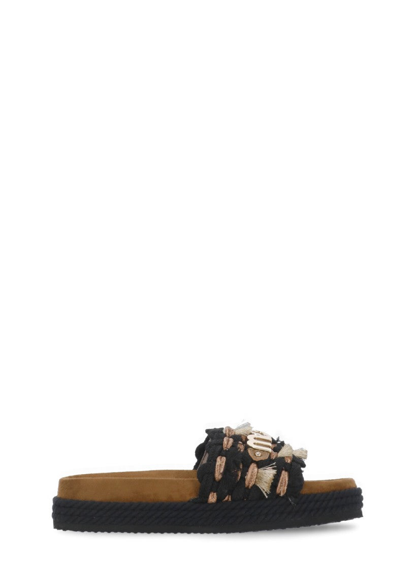 Mou Black Monoband Woven Band Fringes Sandals
