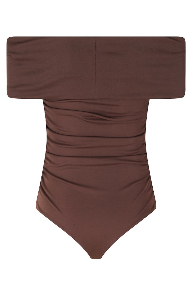 Des Phemmes Chocolate Off Shoulder Bandeau-Neckline Polyester Bodysuit