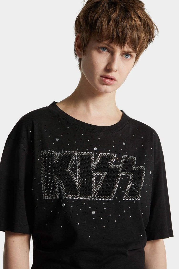 Dsquared2 Black Kiss X D2 Rhinestone Logo Cropped Cotton T-Shirt