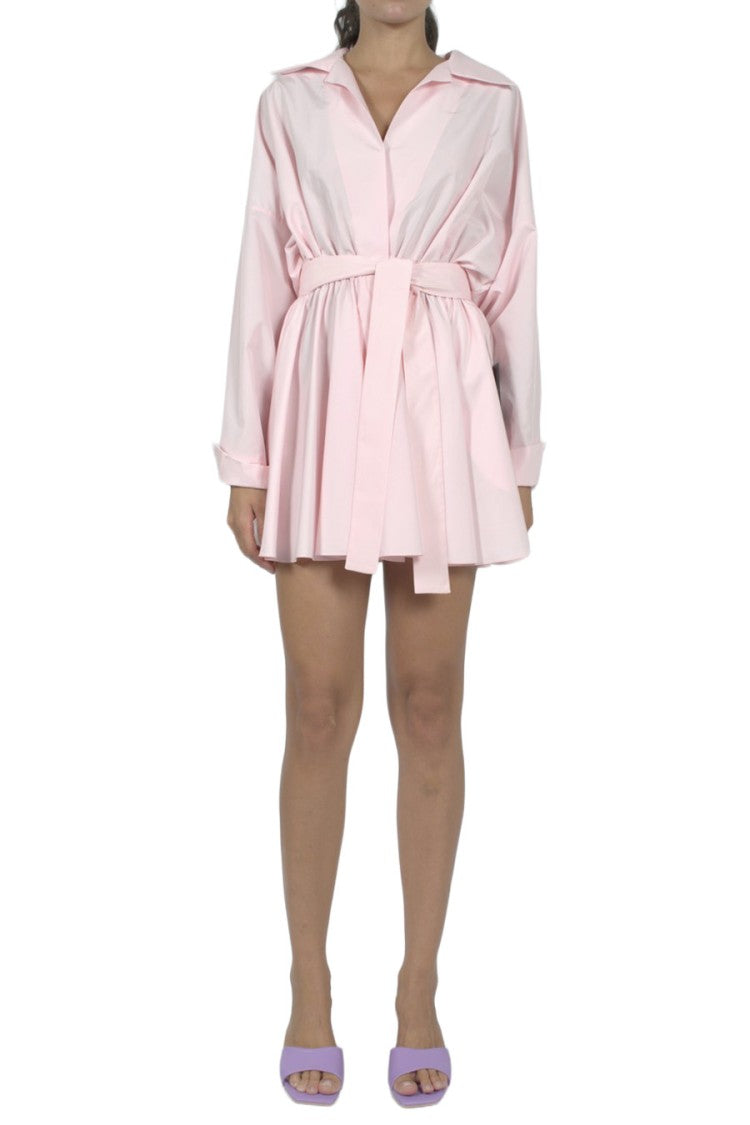 Norma Kamali Light Pink Collared Long-Sleeve Belted Polyester Mini Dress