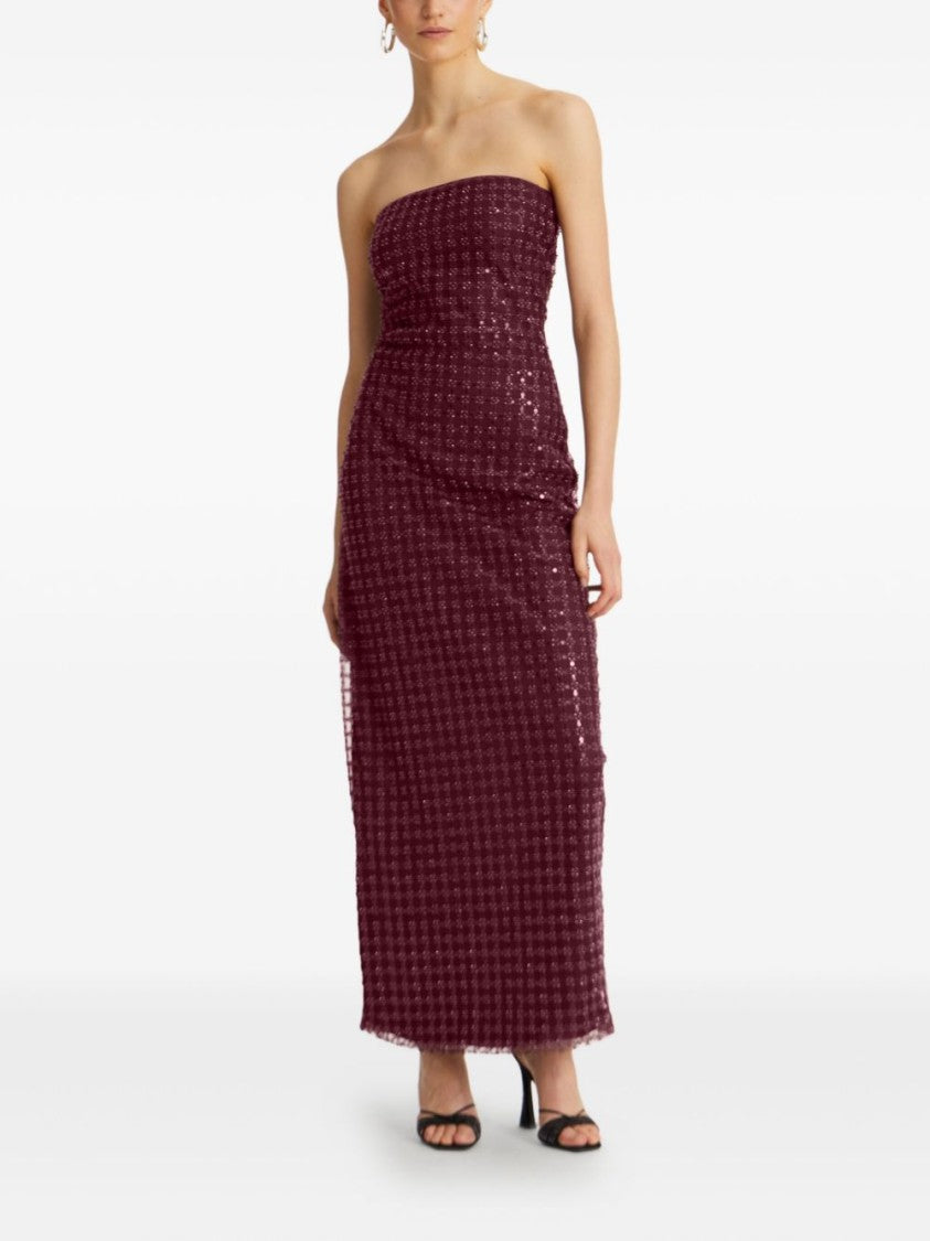 Rotate Floor-Length Burgundy Strapless Evening Dress With Sequined Detailing