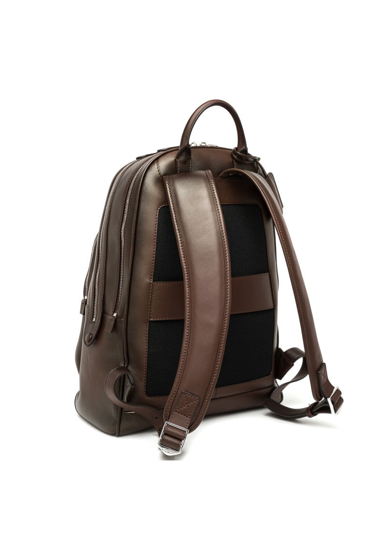 Santoni Artisanal Brown Leather Backpack With Dual Compartments