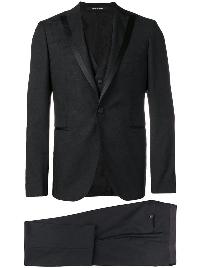 Tagliatore Three-Piece Black Suit With Pointed Satin Lapel